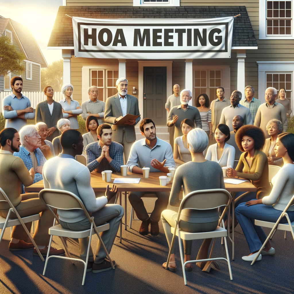 People gathered outside an HOA MEETING! banner for homeowners association community safety in Quartzsite, Arizona, with Honeybadger Solutions LLC.
