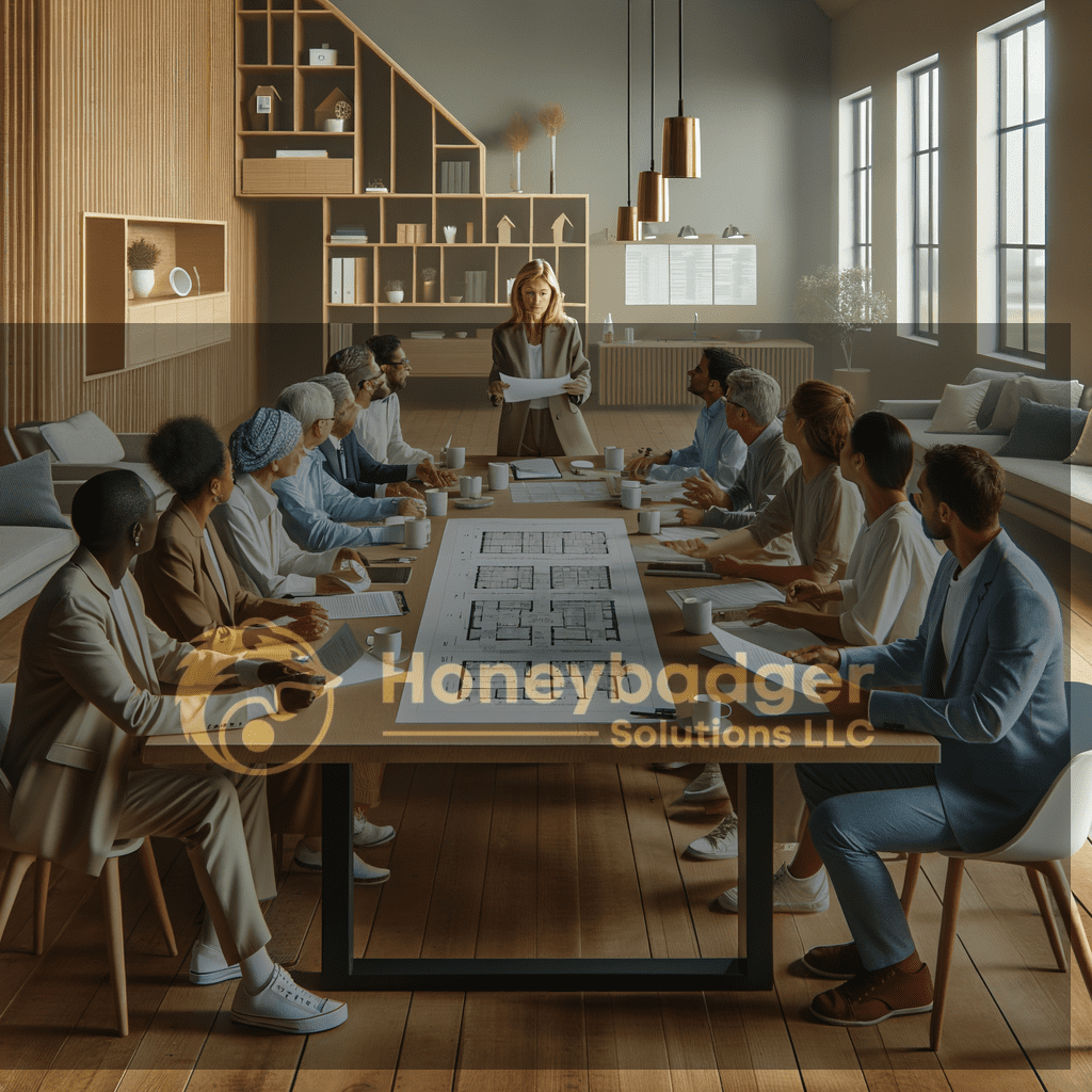 Residents and HOA members meet around a plan table, discussing community safety and security coordination in Prescott, Arizona with Honeybadger Solutions LLC.