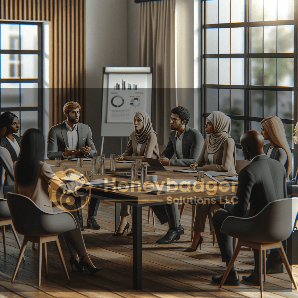 An indoor HOA security planning meeting with Honeybadger Solutions LLC discussing community safety, surrounded by business attire in a conference room.