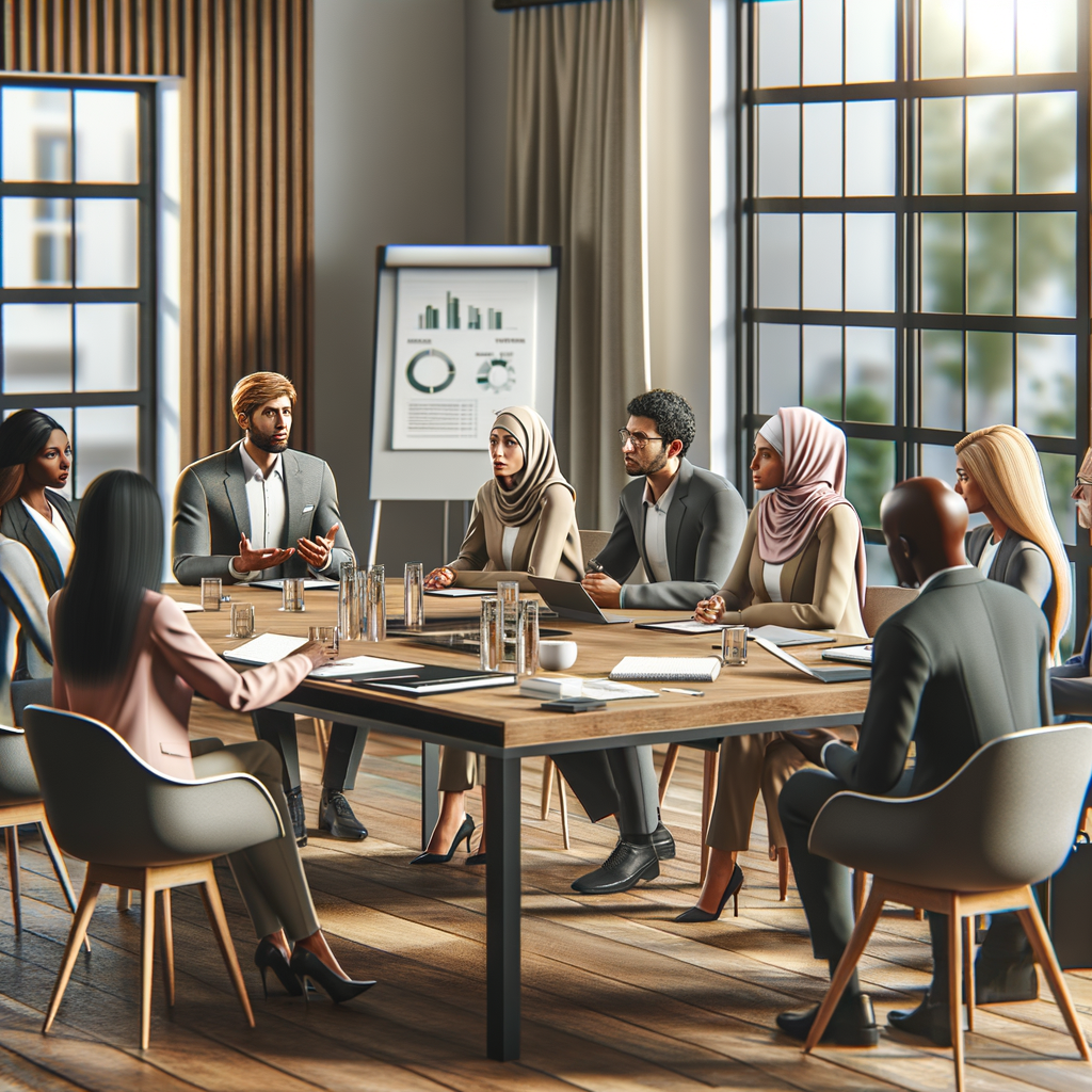 An indoor HOA security planning meeting with Honeybadger Solutions LLC discussing community safety, surrounded by business attire in a conference room.