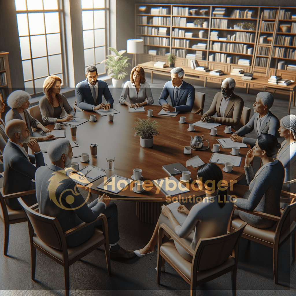Professional HOA security services discussion in Phoenix, Arizona, with Honeybadger Solutions LLC team members in formal business meeting setting