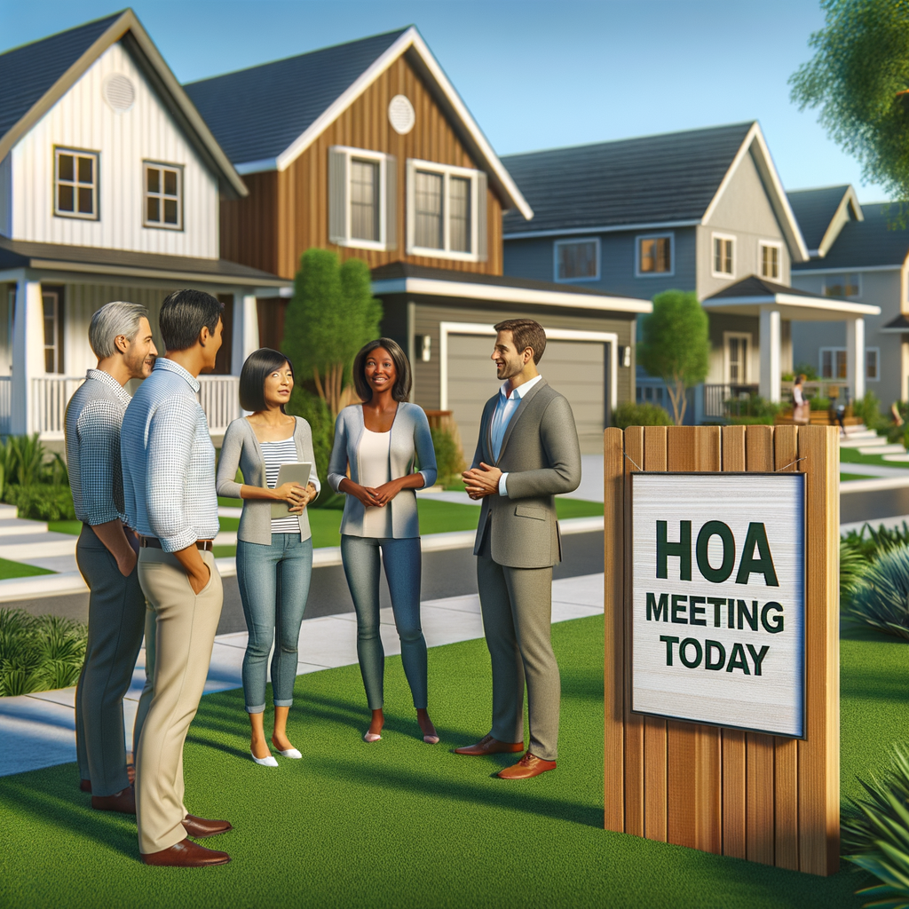 Residents gather outside a suburban HOA community in Wickenburg, Arizona, beside a wooden board that says “HOA MEETING TODAY” with Honeybadger Solutions text.