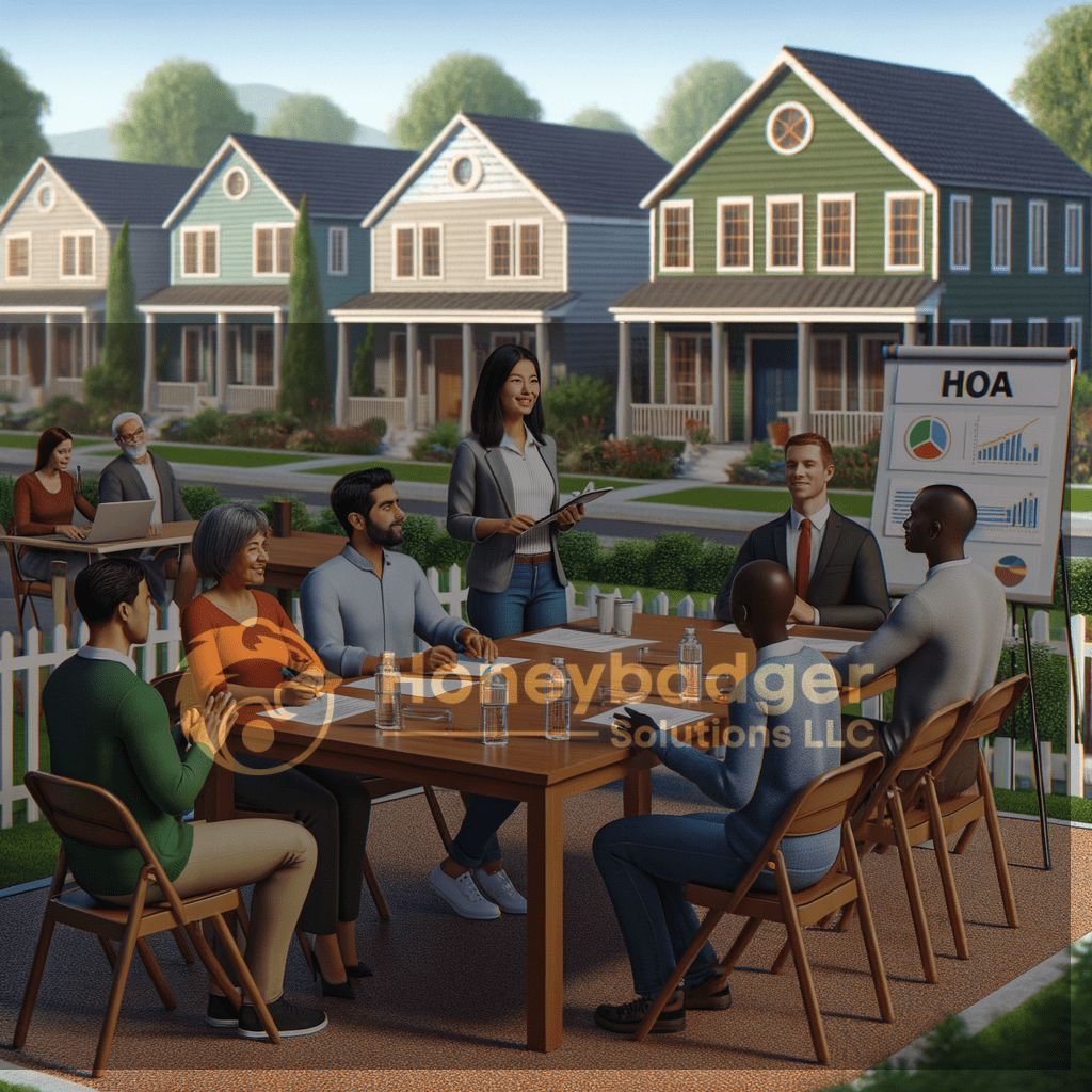 A community meeting with an HOA sign, where residents review neighborhood security plans in Peach Springs, Arizona near suburban homes and sunny landscaping.