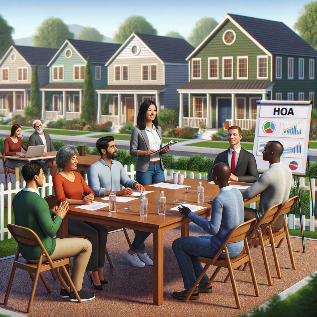 A community meeting with an HOA sign, where residents review neighborhood security plans in Peach Springs, Arizona near suburban homes and sunny landscaping.