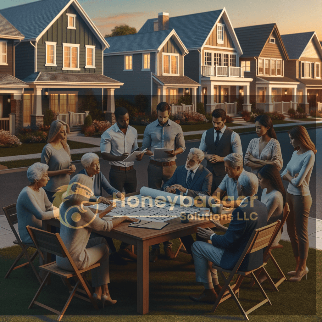 Residents gather outdoors in Payson, Arizona around a table while coordinating HOA security steps, with suburban homes and warm sunset light behind them.