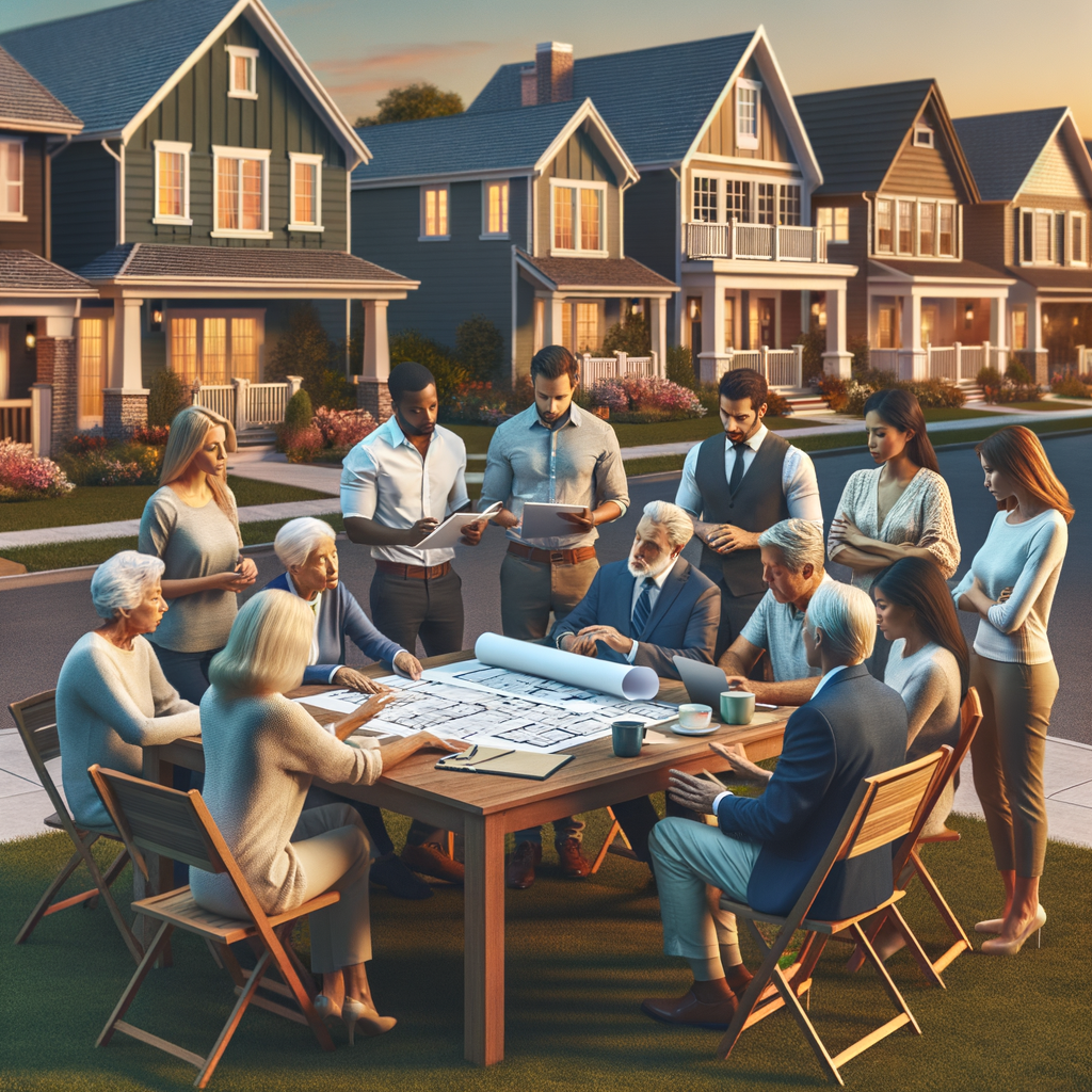 Residents gather outdoors in Payson, Arizona around a table while coordinating HOA security steps, with suburban homes and warm sunset light behind them.