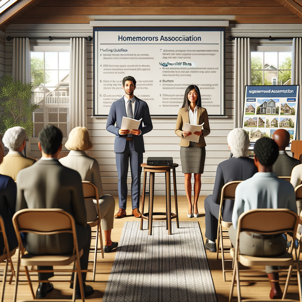 Two presenters in formal attire brief a Homeowners Association audience in Parker, Arizona, with security-focused materials and community briefing board.
