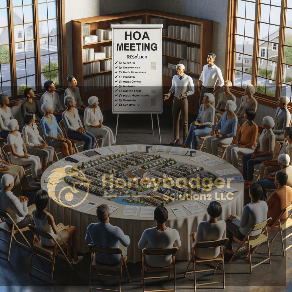 Residents gathered for an HOA meeting with “HOA MEETING” signage visible, discussing community safety and security services in Oljato Monument Valley, Arizona.