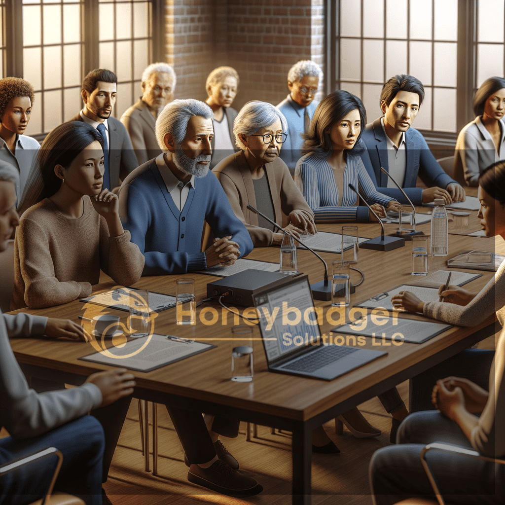 A group in blue suits meets around a wooden table with microphones and security planning focus, supporting HOA Security in Oatman, Arizona.