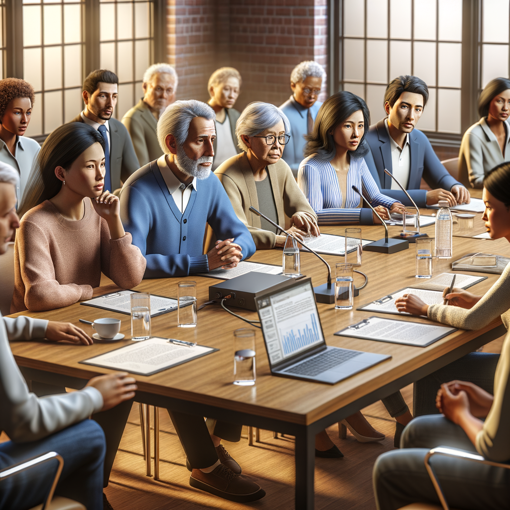 A group in blue suits meets around a wooden table with microphones and security planning focus, supporting HOA Security in Oatman, Arizona.