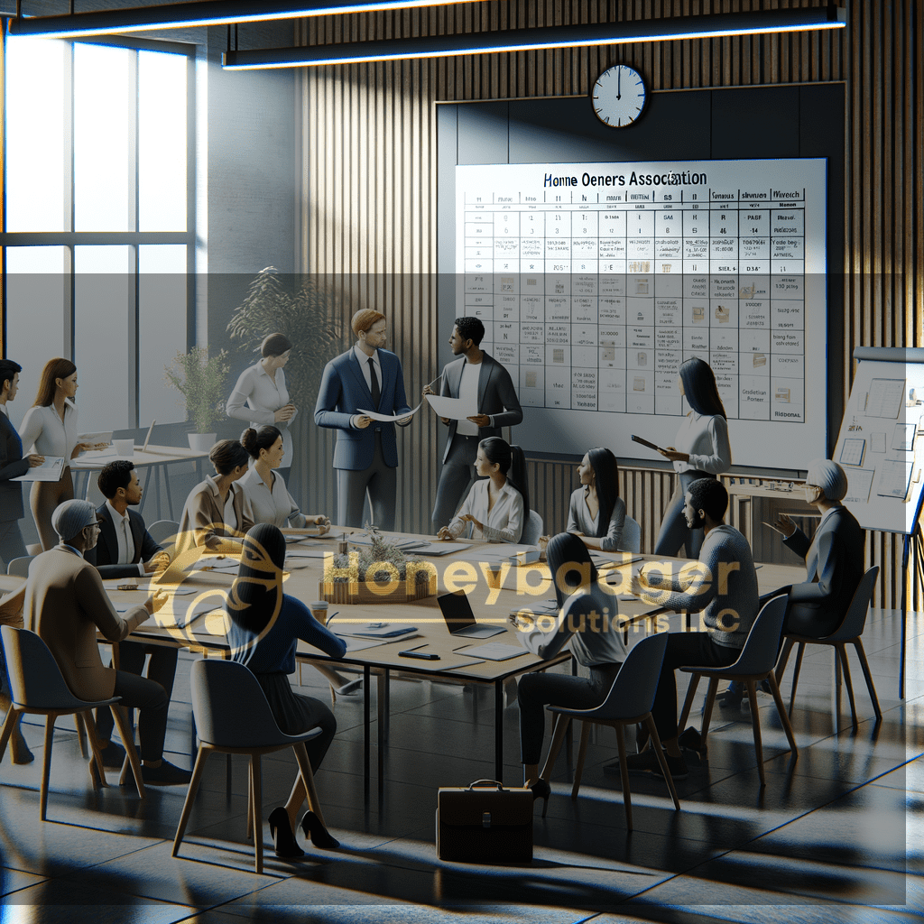 Board members discuss HOA security in a bright indoor boardroom with a Home Owners Association display and coordinated planning for Nogales, Arizona.
