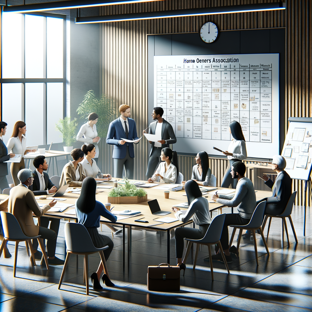 Board members discuss HOA security in a bright indoor boardroom with a Home Owners Association display and coordinated planning for Nogales, Arizona.