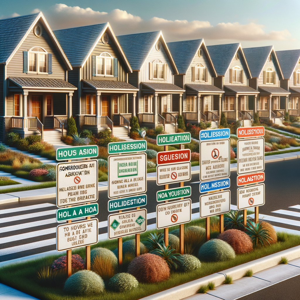 HOA security signs stand in front of suburban homes in Miami, Arizona, under a sunny sky with clear blue daylight.
