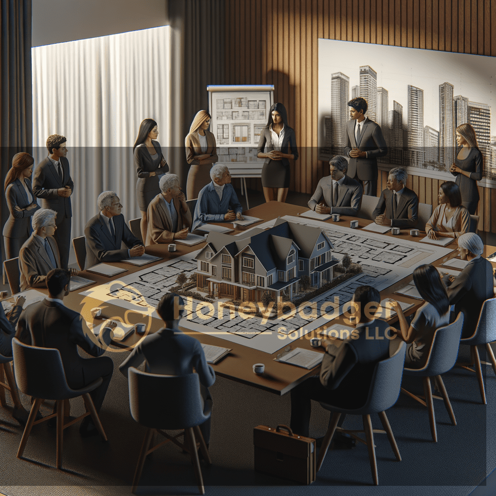 During an indoor HOA security planning meeting in Mesa, Arizona, Honeybadger Solutions LLC professionals review a neighborhood model.
