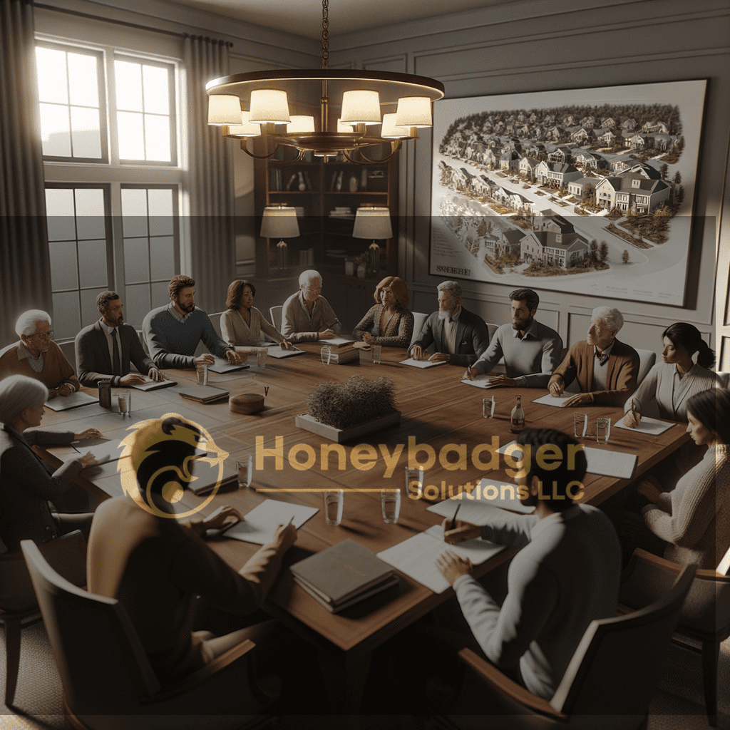 Professionals meet in an indoor conference room to review HOA security plans with Honeybadger Solutions LLC branding and a Maricopa neighborhood map.