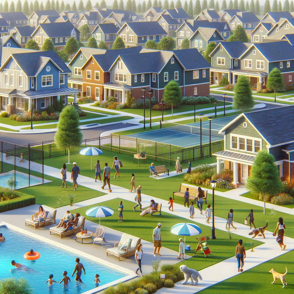 A quiet HOA community in Marana, Arizona with blue-roofed homes, a community pool, walkways, and residents moving through the neighborhood.