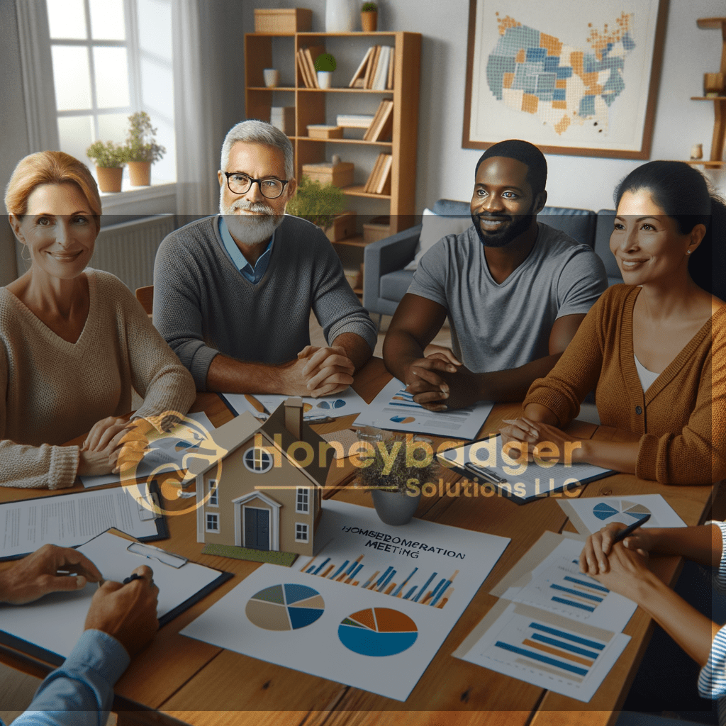 Group meeting with HOA security planning materials, charts, and a small house model for Mammoth, Arizona community safety strategies and surveillance.