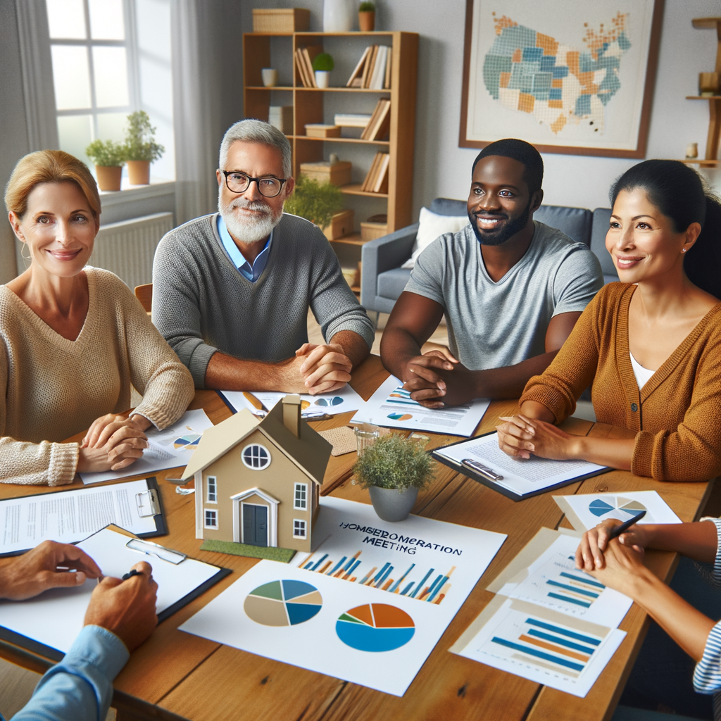 Group meeting with HOA security planning materials, charts, and a small house model for Mammoth, Arizona community safety strategies and surveillance.