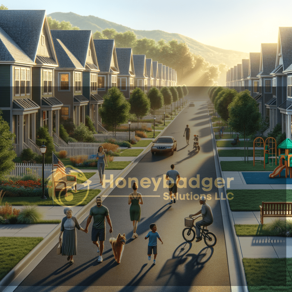 Sunlit tree-lined residential street in an HOA community, with families walking, bikes and a car driving past Honeybadger Solutions LLC branding.