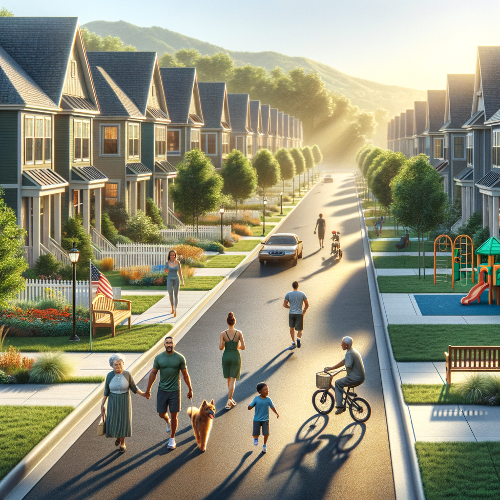 Sunlit tree-lined residential street in an HOA community, with families walking, bikes and a car driving past Honeybadger Solutions LLC branding.