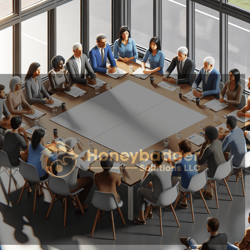 Professionals in a conference room around a table during an HOA security services planning meeting, with Honeybadger Solutions LLC branding and Kitt Peak, Arizona context.