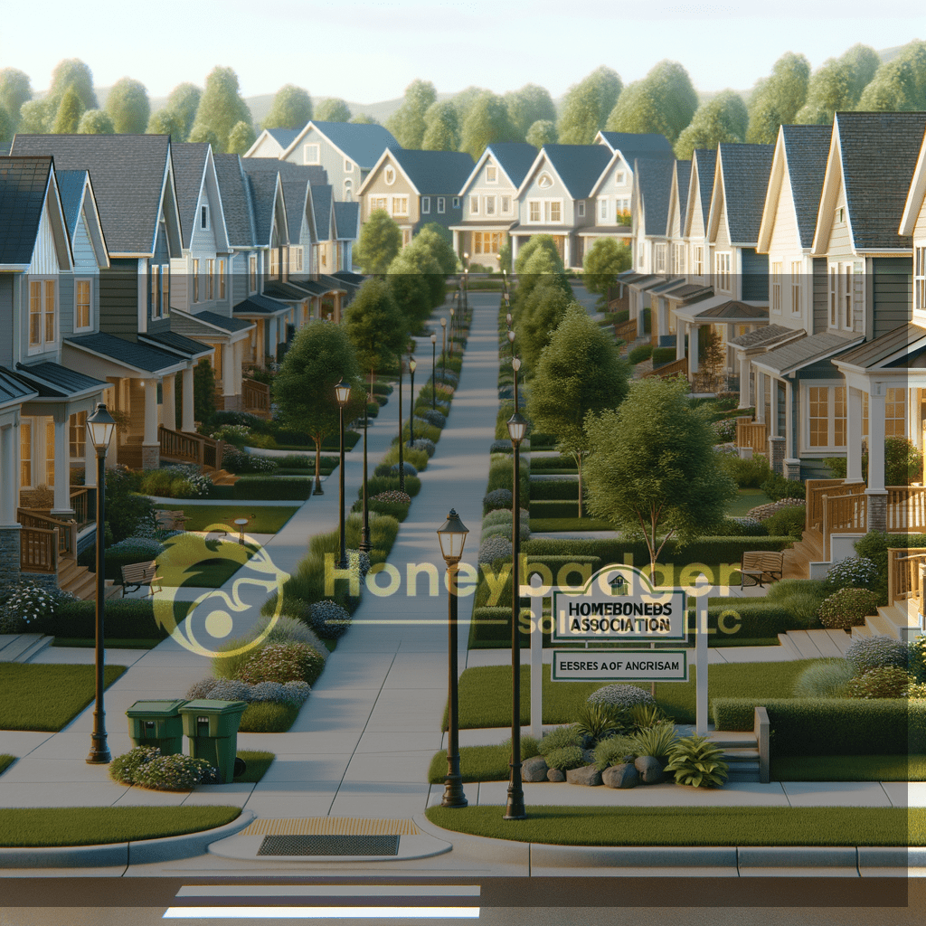 A suburban, tree-lined residential neighborhood street with tidy sidewalks and homes, reflecting HOA security services in Wellton, Arizona by Honeybadger Solutions LLC.