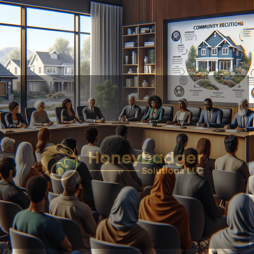A boardroom meeting where Honeybadger Solutions LLC discusses HOA security services, with a community presentation backdrop for Kayenta, Arizona.
