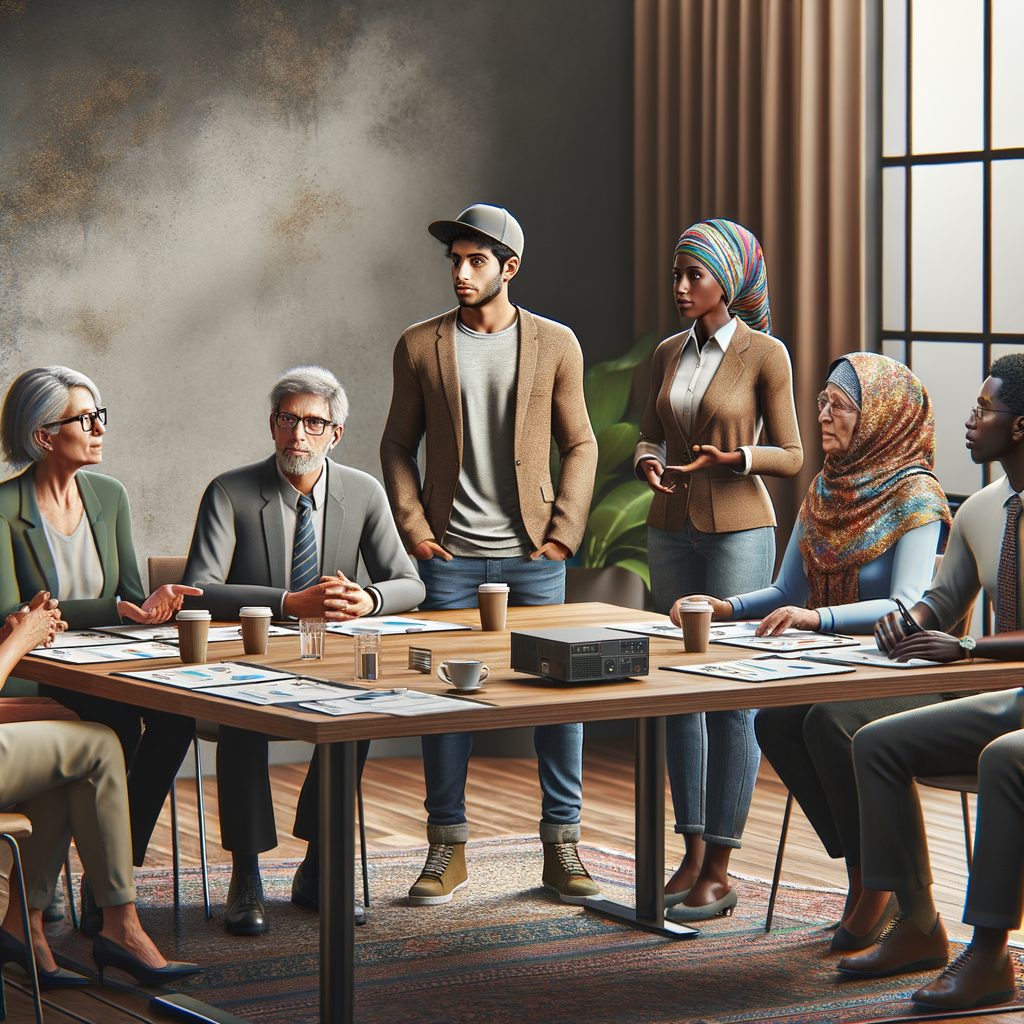 In Jerome, Arizona, Honeybadger Solutions LLC team members meet indoors in business attire, discussing HOA security services with coffee cups on the table.