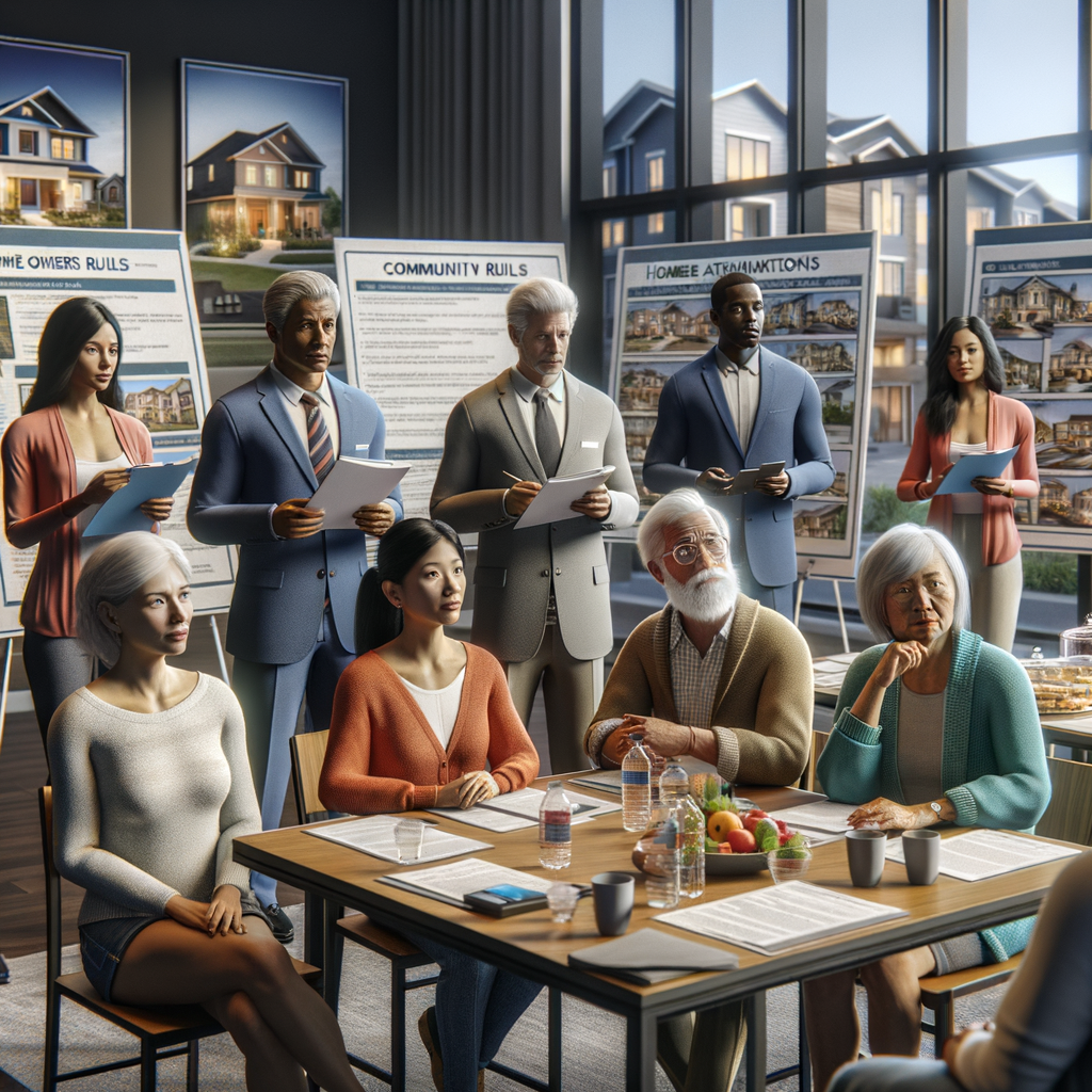 People at an HOA security meeting reviewing community rules posters and documents, with Honeybadger Solutions LLC branding and Hayden Arizona references in the background.
