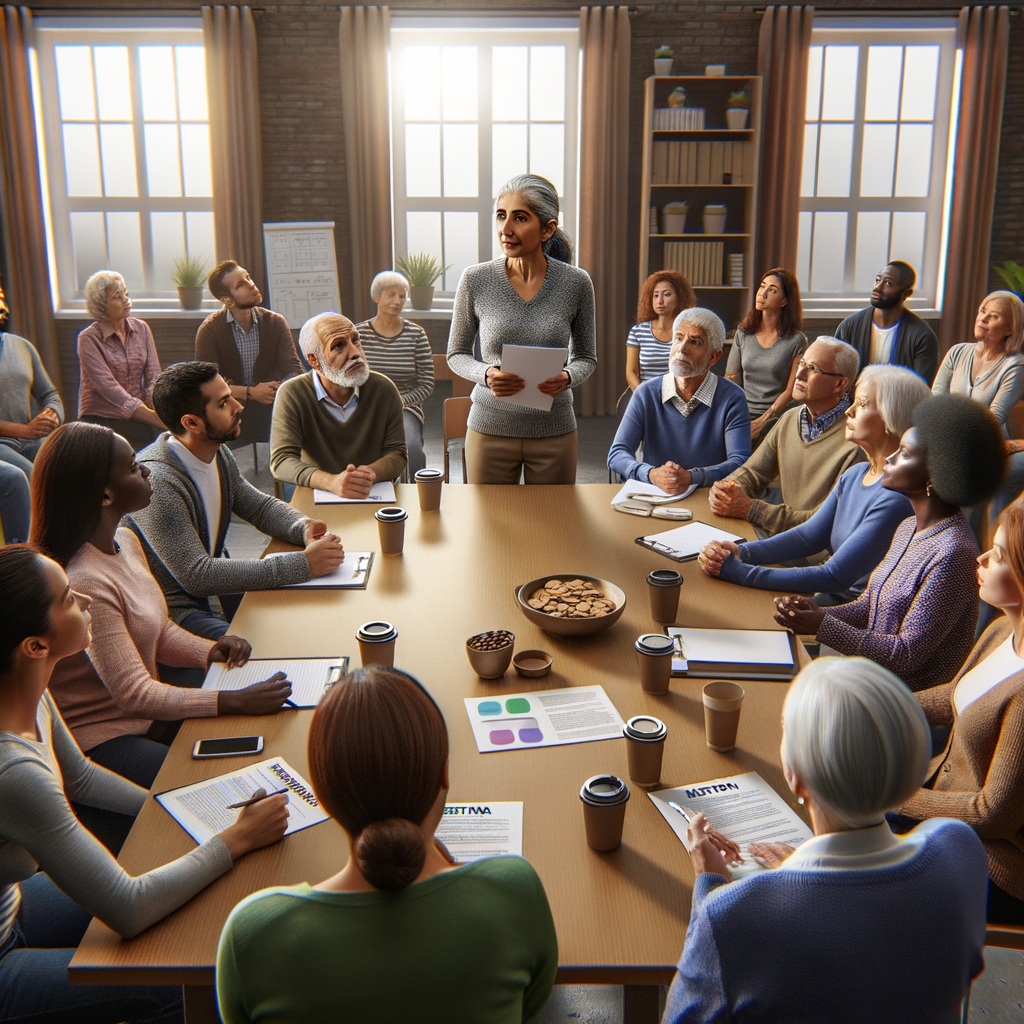 Residents gather for an HOA security briefing in Guadalupe, Arizona, with a facilitator holding documents as neighbors discuss community safety