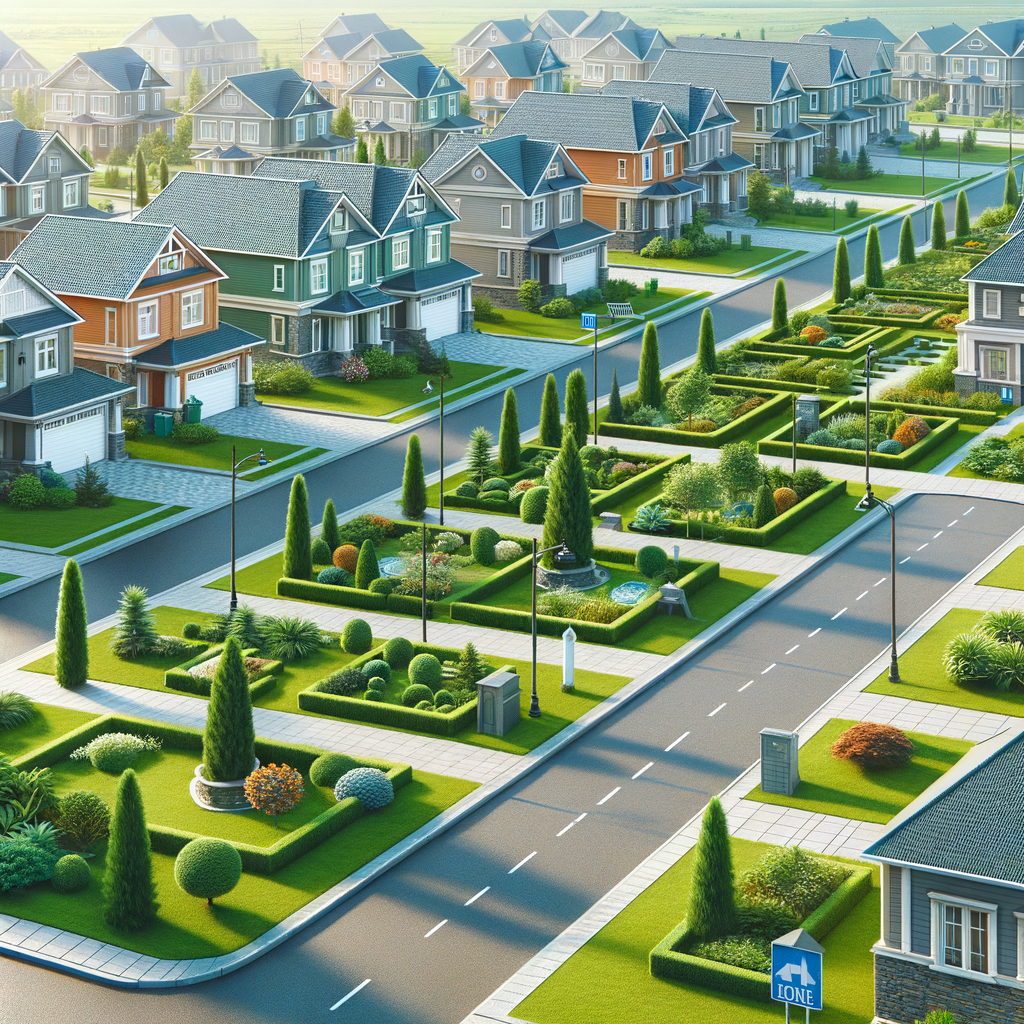 A suburban, landscaped neighborhood in Grand Canyon Village, Arizona, with paved roads and well-kept green spaces that reflect HOA security planning.