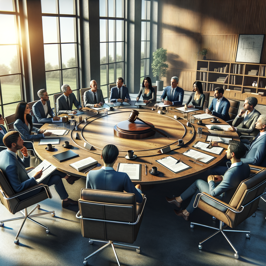 In an indoor formal office meeting, Honeybadger Solutions professionals discuss HOA Security Services in Yuma with coordinated security planning.
