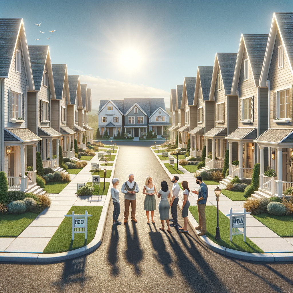 A sunlit residential neighborhood with tidy walkways and HOA signs, conveying organized HOA security services in Coolidge, Arizona by Honeybadger Solutions LLC.