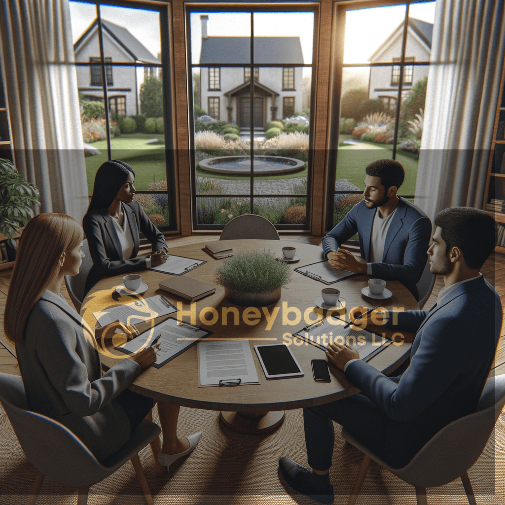 A formal indoor meeting with HOA Security Services planning in Colorado City, Arizona, with Honeybadger Solutions LLC team in suits around a table.