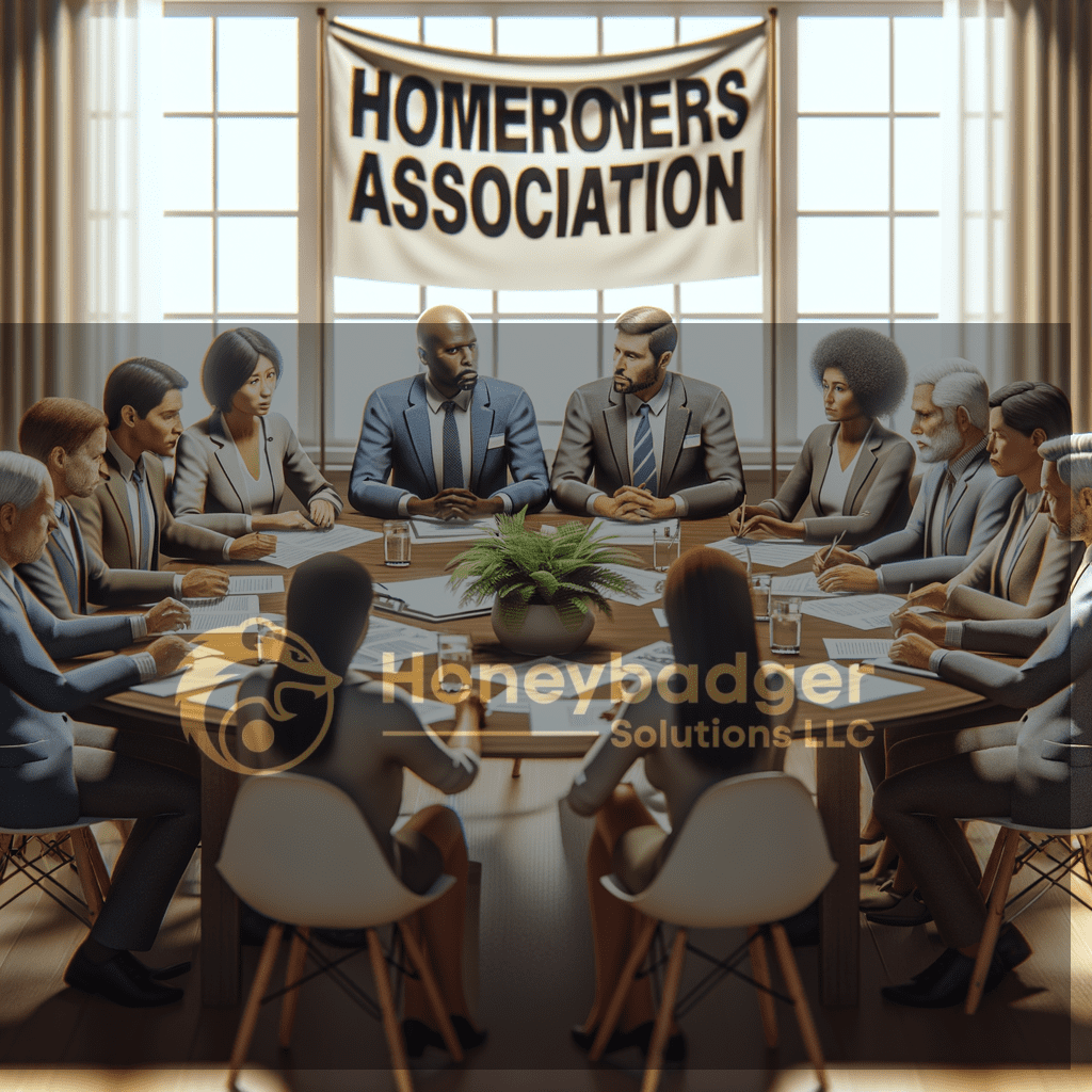 During an HOA security briefing, a Homeowners Association banner hangs above a table where community members review neighborhood watch plans together.