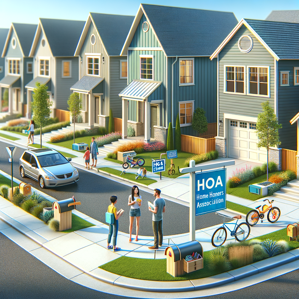 A residential neighborhood street in Chino Valley, Arizona with HOA signage, homeowners and families walking near homes and driveway barriers.