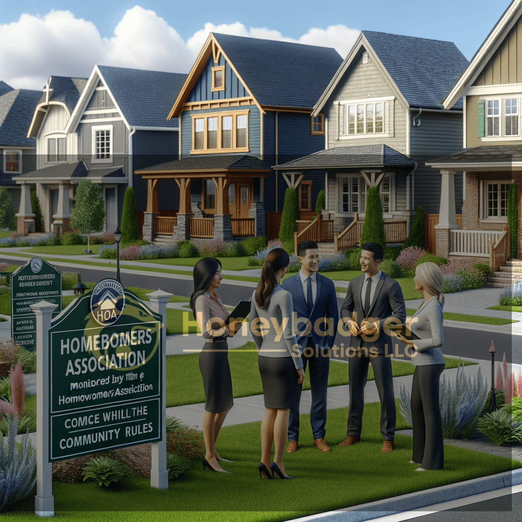 People meeting near an HOA sign in a residential neighborhood in Chinle, Arizona, with sunny blue sky and green landscaping
