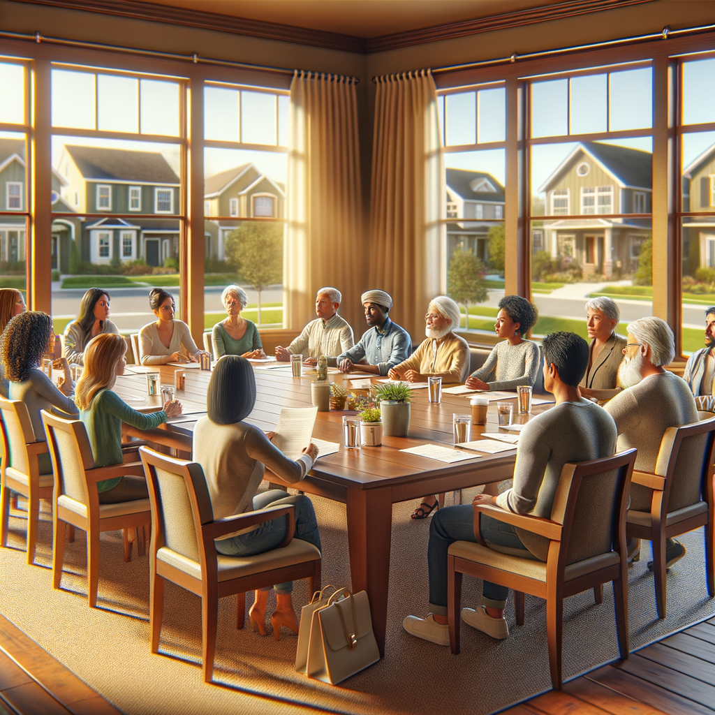 Sunlit indoor HOA meeting with large windows overlooking Chandler, Arizona neighborhood homes, with Honeybadger Solutions LLC text visible.