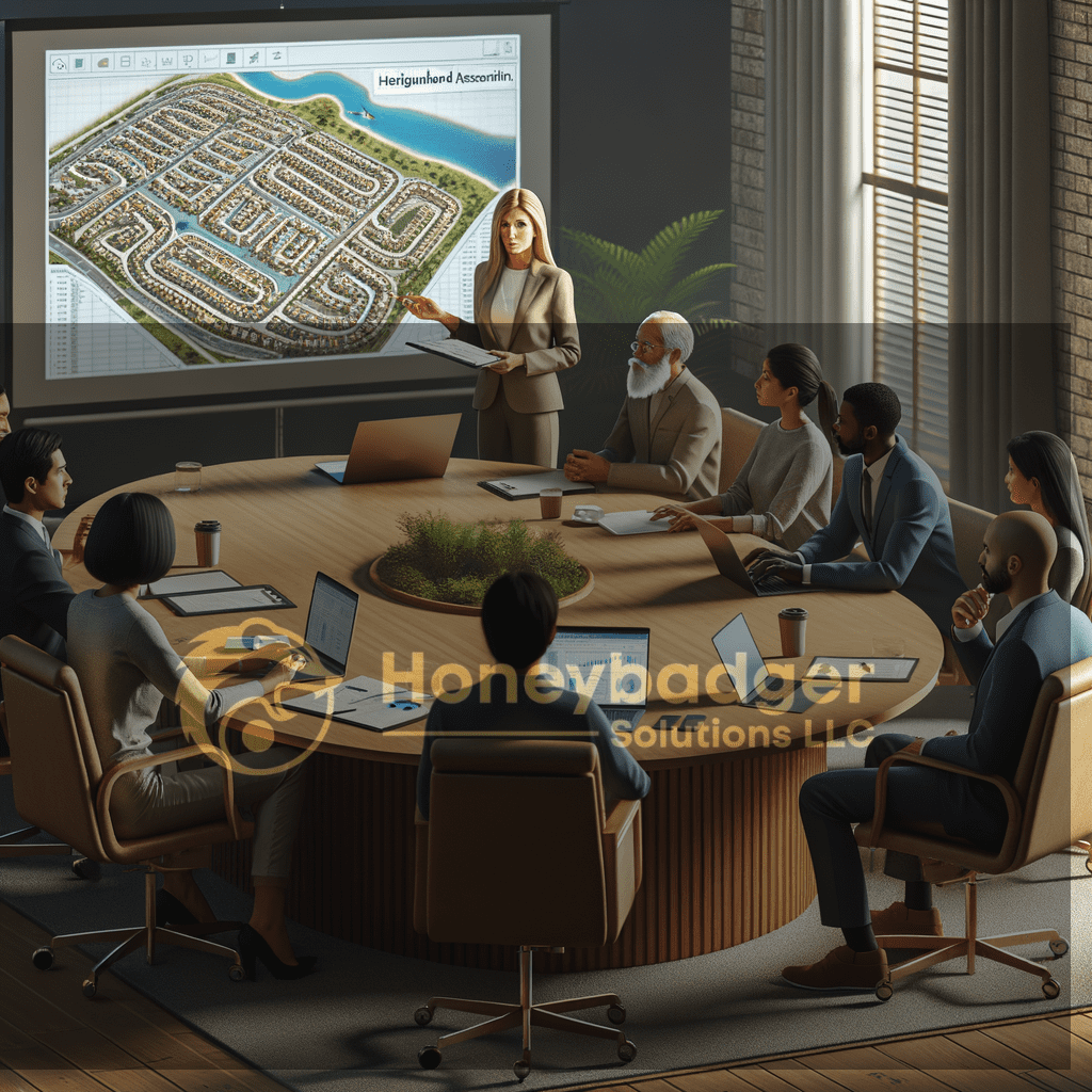 In a boardroom meeting, Honeybadger Solutions LLC discusses HOA Security Services in Catalina Foothills, Arizona using a large neighborhood map display.