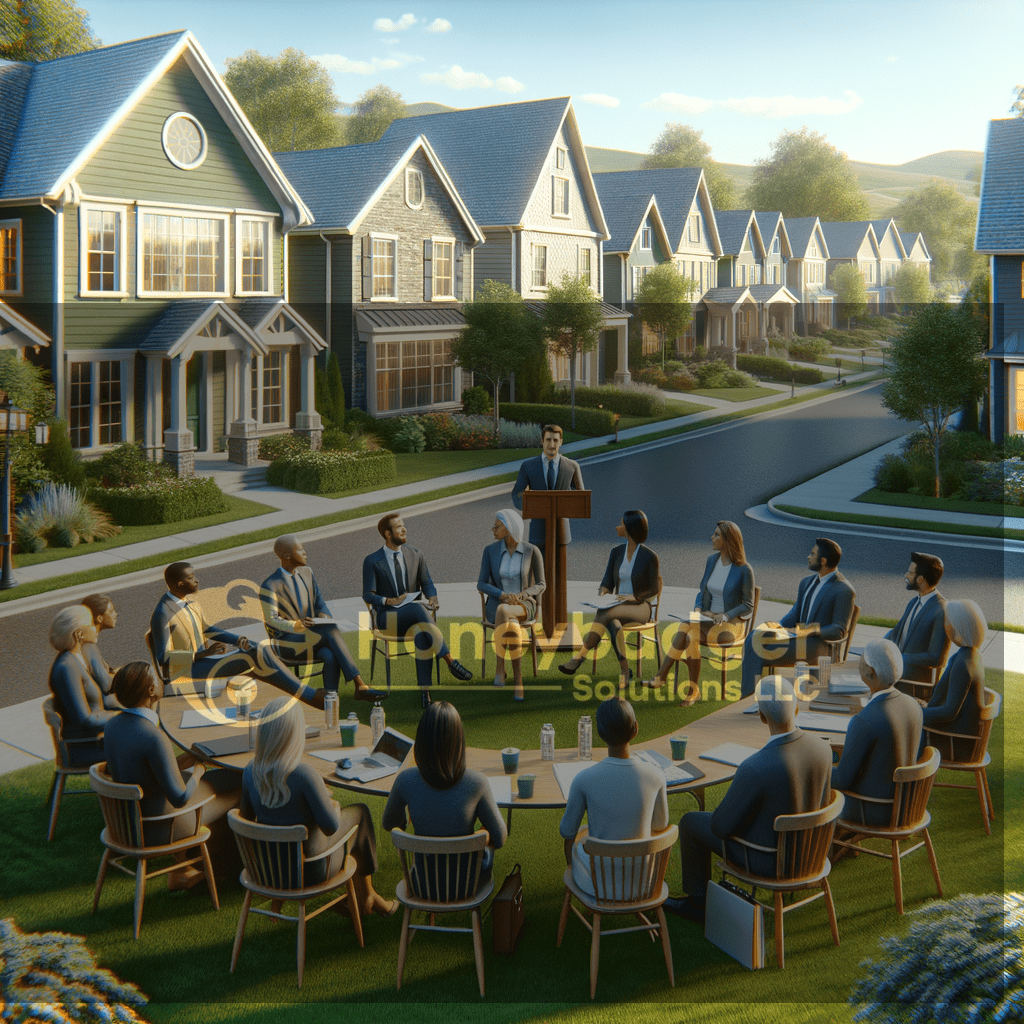 At an outdoor community meeting in Carefree, Arizona, HOA members and staff discuss safety priorities in a suburban neighborhood with blue attire and secure-ready coordination.