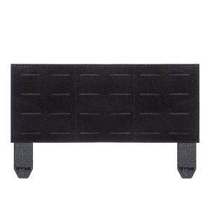 Black tactical placard with stitched paneling and two gray mounting tabs against a white background.