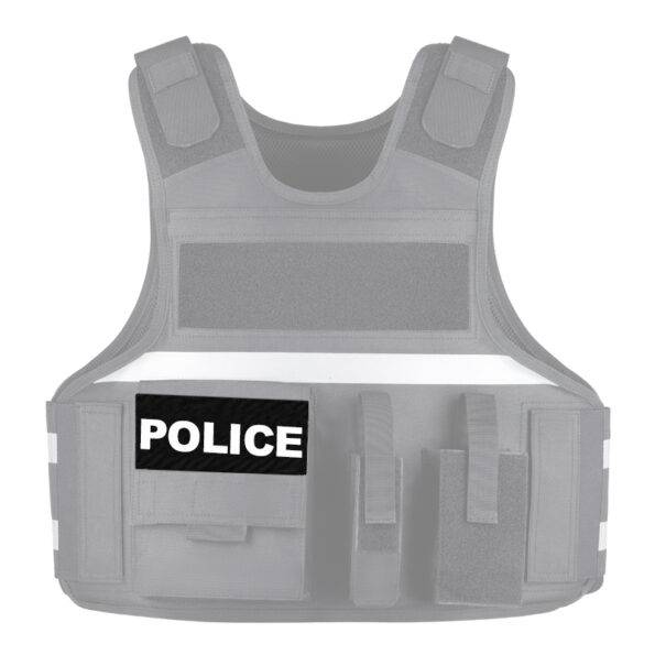 A gray First Response Utility vest displays a bold POLICE patch and multiple Velcro panels across the chest and waist in a clean product view.