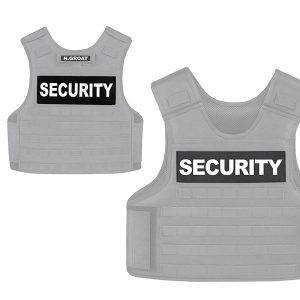 Two gray tactical vests display bold SECURITY patches, with a small IN.GROAT label on one chest and padded panel detailing across the front.