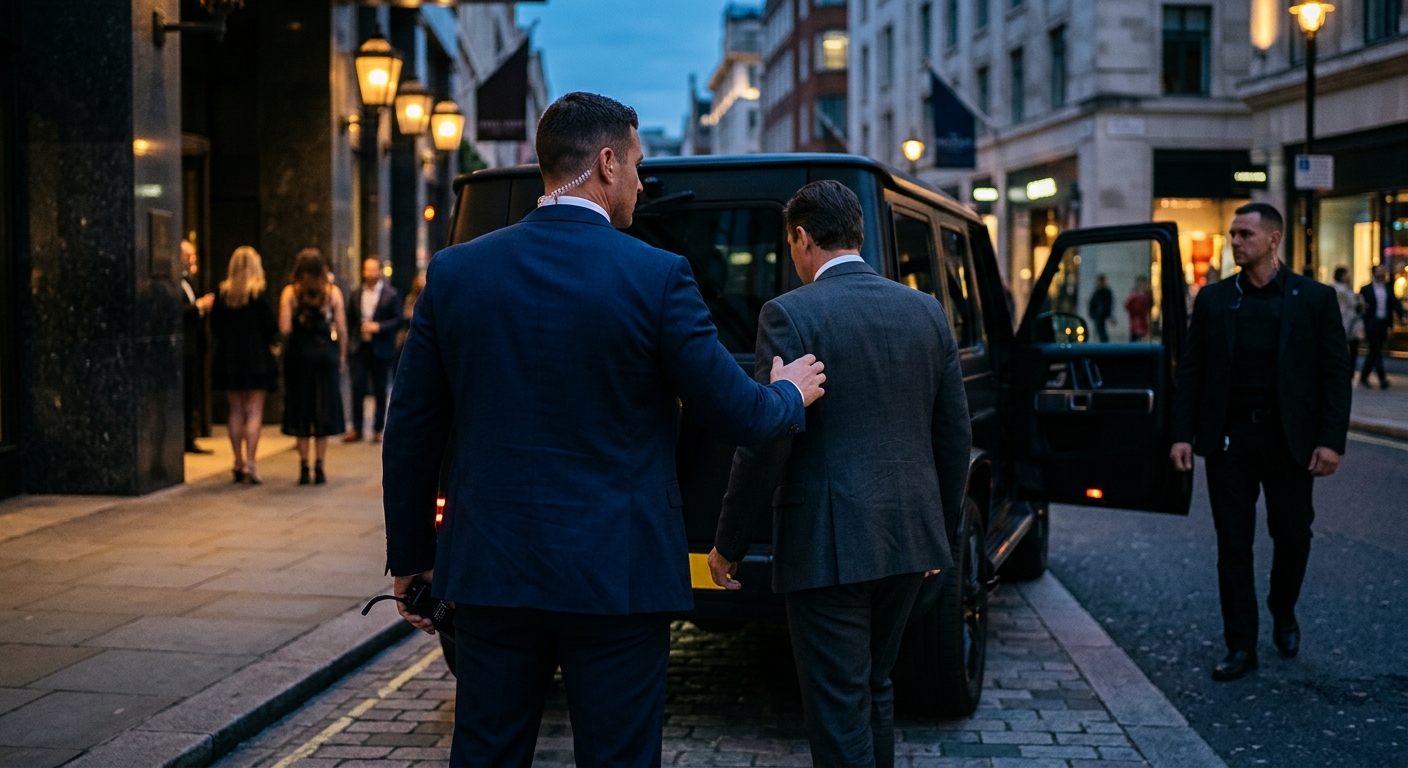 Executive protection agent escorting a principal to a secure vehicle