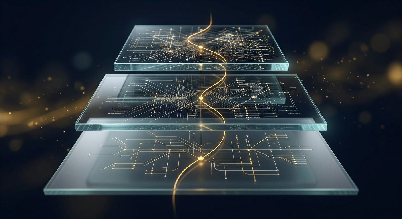 Three ascending tiers of investigative depth connected by a single gold thread of inquiry, dark navy and gold due-diligence concept