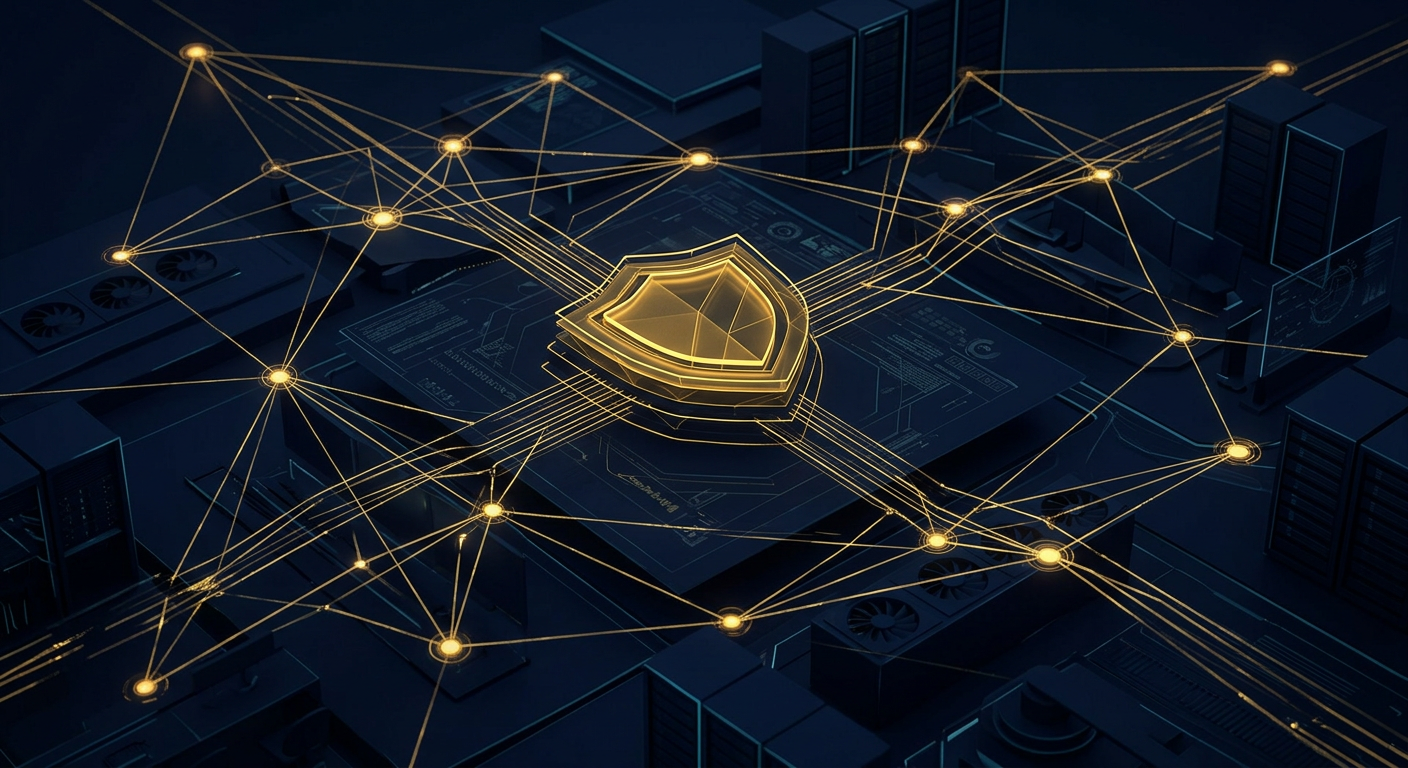 Managed security services SOC concept with gold telemetry lines converging on a shield over a dark navy network mesh
