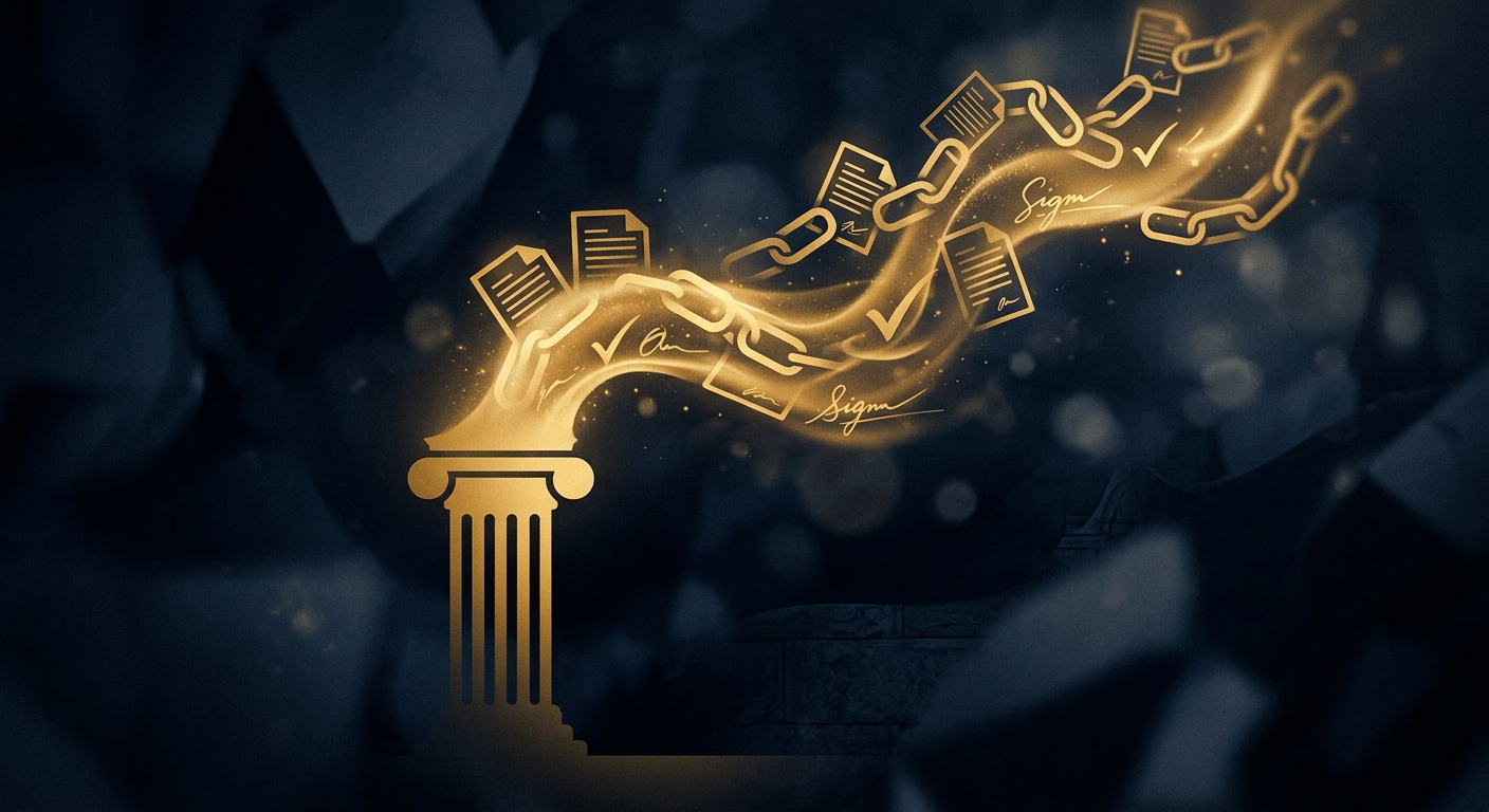 Gold chain-of-custody document trail merging into a courthouse column silhouette on a dark navy background, representing evidence admissibility