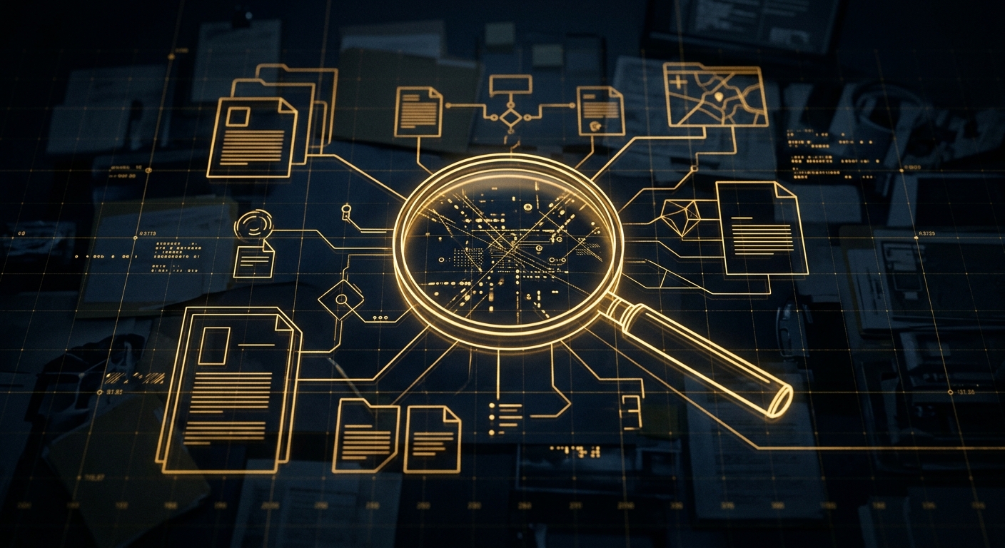 Abstract gold investigative case-file and lens motif over a dark navy surveillance grid, representing licensed private investigation work