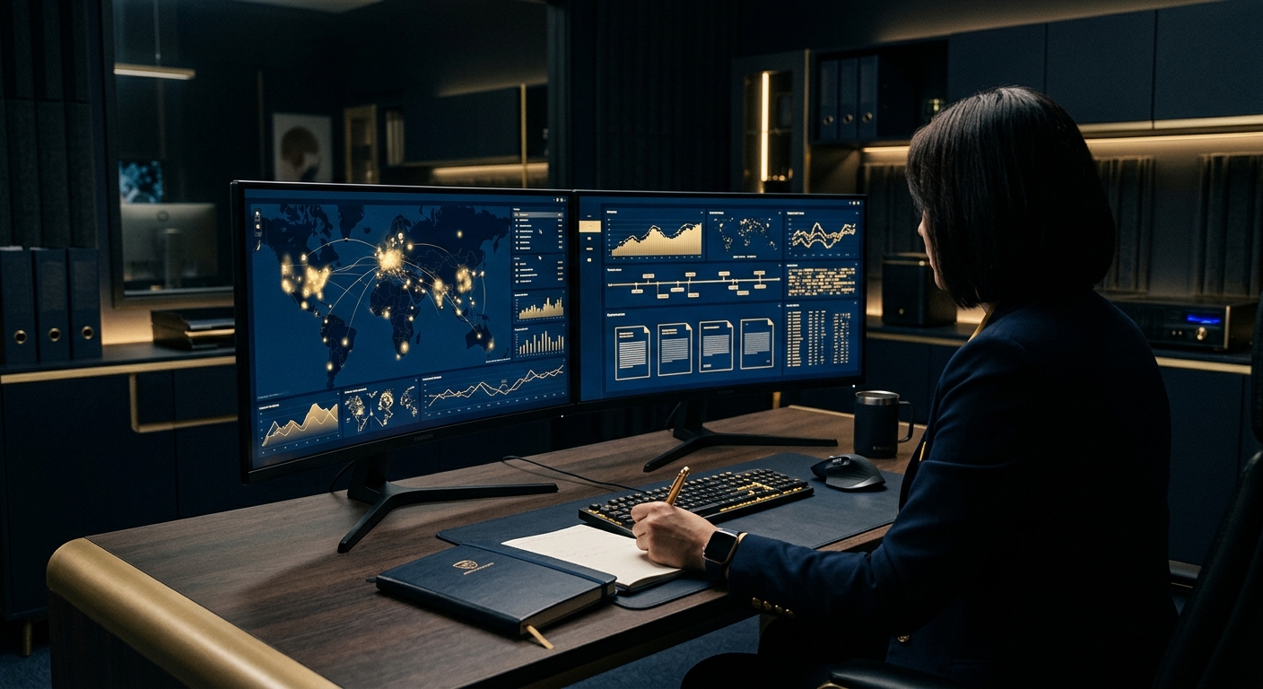 Investigator reviewing surveillance documentation and case files at a desk with dual monitors