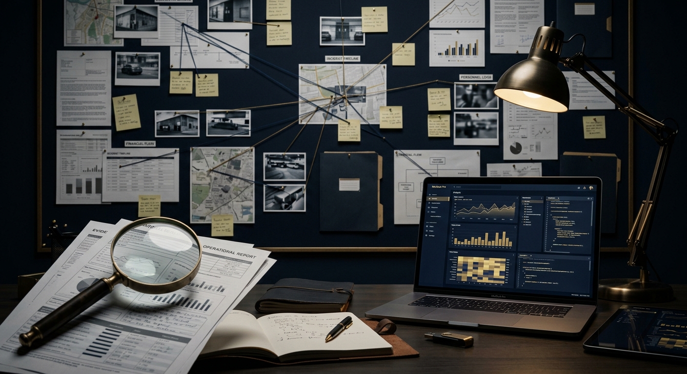 Modern private investigation workspace with case documents and digital evidence board in dark navy and gold tones